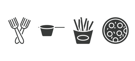 set of restaurant filled icons. restaurant glyph icons included salad fork, lateral pan, french fries box, pepperoni pizza vector.