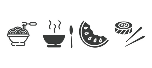 set of restaurant filled icons. restaurant glyph icons included spaghetti bolognese, hot soup, watermellon slice, sushi piece vector.