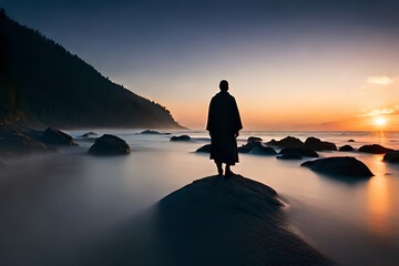 A person stands on a rock in front of a sunset. generated Ai