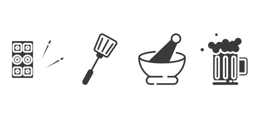 set of restaurant filled icons. restaurant glyph icons included sushi mix, spatula utensil, mortar with e, foamy beer jar vector.