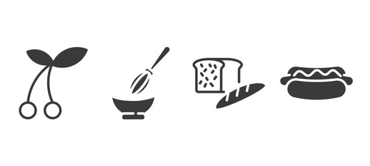 set of restaurant filled icons. restaurant glyph icons included two cherries, manual mixer, load of bread, hot dog with ketchup vector.