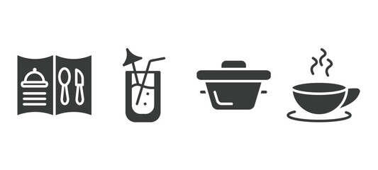 set of restaurant filled icons. restaurant glyph icons included open menu, lemonade with straw, bistro pot, breakfast cup vector.
