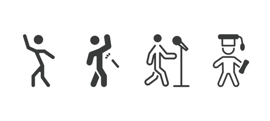 set of behavior and action filled icons. behavior and action glyph icons included stick man dancing, man spraying deodorant, singer with microphone, stick man graduated vector.