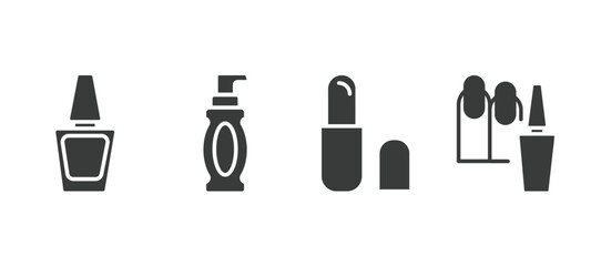 set of beauty and elegance filled icons. beauty and elegance glyph icons included nail polish, face cleanser, inclined lipstick, manicure vector.