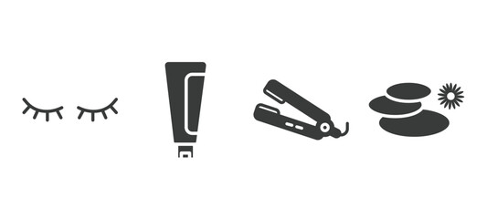 set of beauty and elegance filled icons. beauty and elegance glyph icons included two eyelashes, cream tube, flat iron, three stones vector.