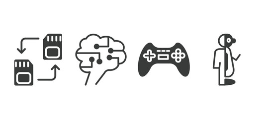 set of ai and future technology filled icons. ai and future technology glyph icons included memory transfer, future brain, gaming, robots and humans vector.