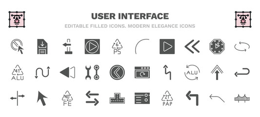 set of user interface filled icons. user interface glyph icons such as forbidden cursor, blank left arrow, curve line, replay arrows, rewind, reload webpage, crossroads, opposite directions, 21 pap,