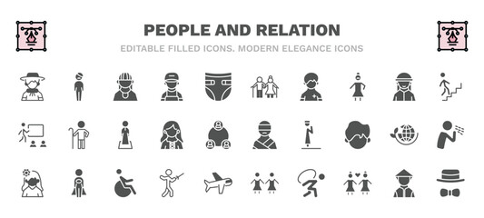 set of people and relation filled icons. people and relation glyph icons such as argentina, amazonian, old couple, walking downstairs, salat, kidnapping, woman with flower, fencing attack, burden,