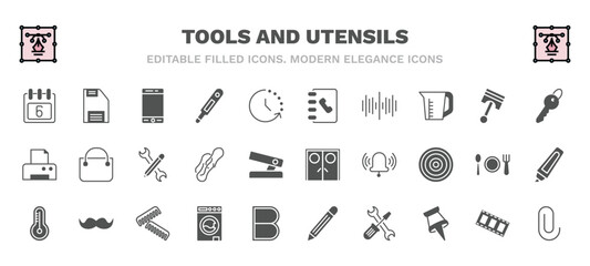 set of tools and utensils filled icons. tools and utensils glyph icons such as calendar with six days, modern telephone, telephone agenda, tiny key, edit tools, doors, thermometers, top load washer,