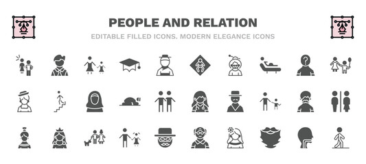 set of people and relation filled icons. people and relation glyph icons such as sexual harassment, mother and daughter, baby zone, babysitter child, arab woman, female doctor, spanish woman, father