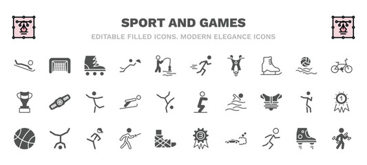 set of sport and games filled icons. sport and games glyph icons such as snow slide zone, roller skate, excersice, race bike, dancer motion, squat, basketball basket, medieval fencing, drift car,