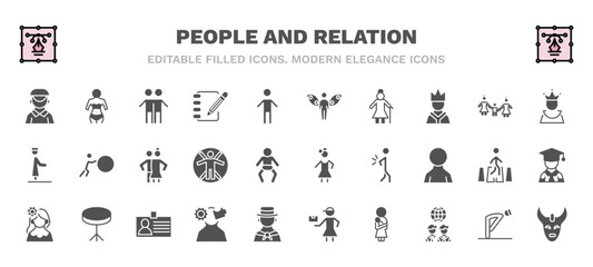 set of people and relation filled icons. people and relation glyph icons such as dutch, brothers, grace, empress, snuggle, costa rica, venezuelan, psychology, mother and baby, devil mask vector.