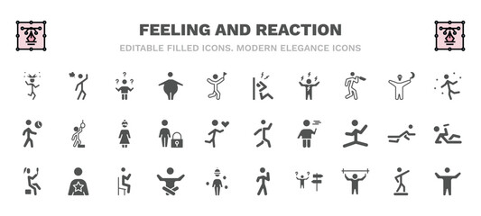 set of feeling and reaction filled icons. feeling and reaction glyph icons such as funny human, confused human, stressed human, great beautiful amused pretty relieved lost awesome vector.