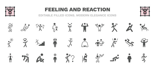 set of feeling and reaction filled icons. feeling and reaction glyph icons such as bad human, shocked human, amazed human, relaxed blah in love sexy incomplete pissed crappy vector.