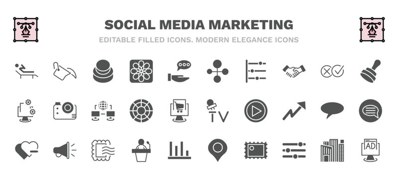 set of social media marketing filled icons. social media marketing glyph icons such as recreational, buttons, social normal, stamps, network conecction, mass media, quit a like, seminar, post stamp,