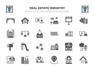set of real estate industry filled icons. real estate industry glyph icons such as bridges, certification, billboard, juridical, houses, slides, mansion, industrial park, map location, real estate