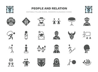 Obraz premium set of people and relation filled icons. people and relation glyph icons such as vitruvian man, argentina, round table, mother and baby, devil mask, salat, walking downstairs, snuggle, arab woman,