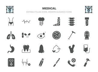 set of medical filled icons. medical glyph icons such as fit, implants, spinal column, antibiotic, walking stick, molar, femur, breast implant, scalpel, otoscope vector.