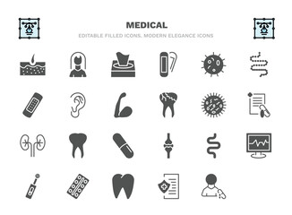 set of medical filled icons. medical glyph icons such as epidermis, tissue paper, microbe, ear, germs, teeth, intestine, , tooth, patient vector.