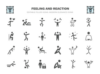 set of feeling and reaction filled icons. feeling and reaction glyph icons such as loved human, stupid human, lovely human, amazing great energized horrible pretty sad strong vector.