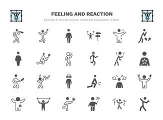 set of feeling and reaction filled icons. feeling and reaction glyph icons such as terrible human, free human, fresh human, sorry rough pissed frustrated pumped bored positive vector.