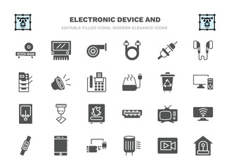 set of electronic device and filled icons. electronic device and glyph icons such as dvd player, turbine, connector, speakers, trash compactor, laser hine, television, phones, air purifier, burglar