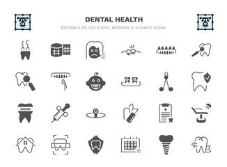 set of dental health filled icons. dental health glyph icons such as dental hook, sick girl, prosthesis, veneer, dentist scissors, needle, medical list, x ray, medical appointment, breath vector.