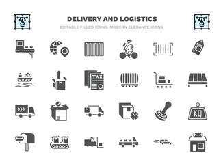 set of delivery and logistics filled icons. delivery and logistics glyph icons such as delivery x ray, bar code, barcode, unpacking, cart, package checking, stamp, conveyor, cargo, post office