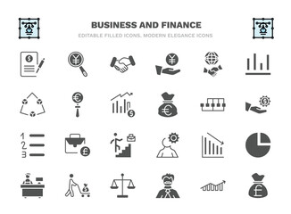 set of business and finance filled icons. business and finance glyph icons such as bailment, shaking hands, partners in business, euro under magnifier, points connected chart, pounds bag of loss