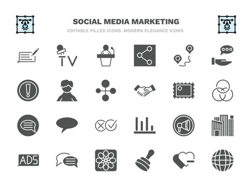 set of social media marketing filled icons. social media marketing glyph icons such as feedback, seminar, path, user avatar, post stamp, square bubble, announcement, message, stamps, net vector.