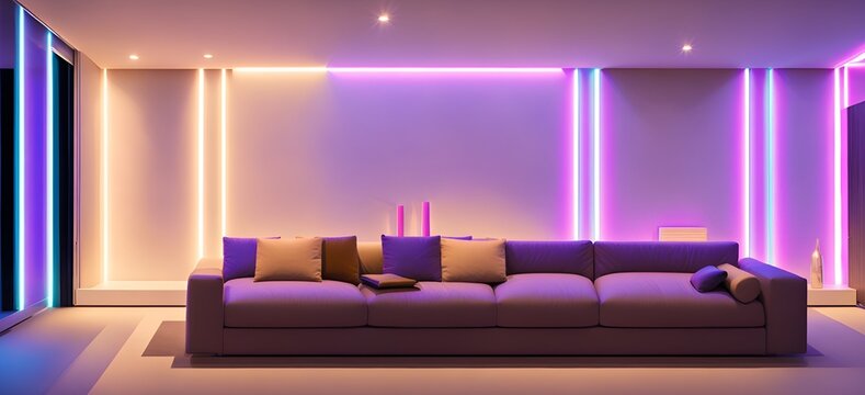 Photo of a cozy living room with a modern purple couch and ambient lighting