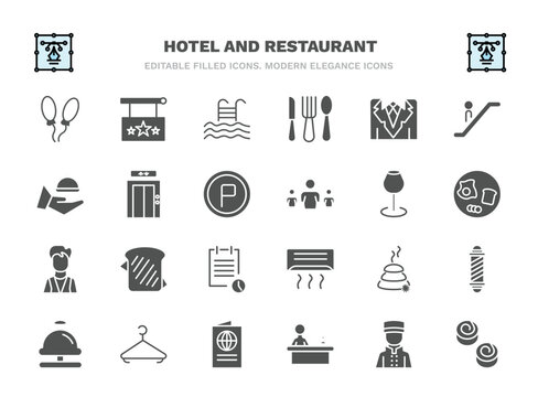 set of hotel and restaurant filled icons. hotel and restaurant glyph icons such as balloon, pool, suits, elevator, wine glass, sandwich, hot stones, hanger, reception, cinnamon roll vector.