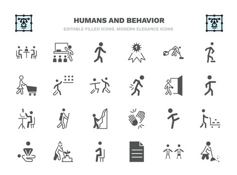 set of humans and behavior filled icons. humans and behavior glyph icons such as business meeting, walk, vacuum cleaning, storekeeper, come in, man in hike, smortsmen, gardener with hat, single