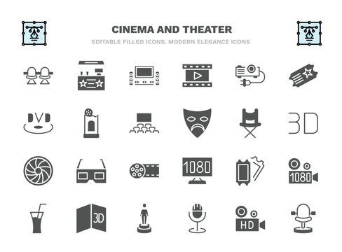 set of cinema and theater filled icons. cinema and theater glyph icons such as cinema chair, home theater, projector with plug, box office, director film chair, 3d glass, two movie tickets, 3d text,