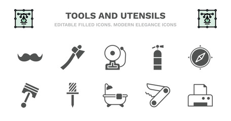 set of tools and utensils filled icons. tools and utensils glyph icons such as hand axe, electric bell, flame extinguisher, cardinal points, piston on, piston on, auger, bath tub, penknife, blank