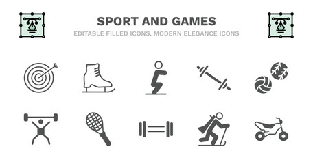 set of sport and games filled icons. sport and games glyph icons such as ice skating, squat, weighted bars, balls, weight lifting, weight lifting, squash, gym weight, biathlon, motocross vector.