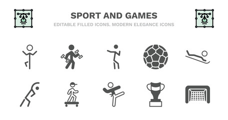 set of sport and games filled icons. sport and games glyph icons such as excercise, dancing motion, football ball, snow slide zone, stretching, stretching, boy with skatingboard, taekwondo,