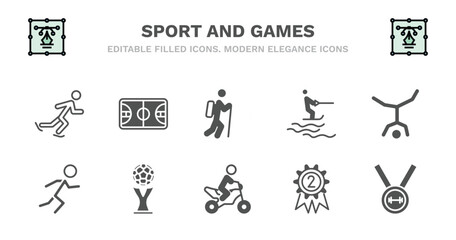 set of sport and games filled icons. sport and games glyph icons such as basketball court, trekking, jet surfing, capoeira, man sprinting, man sprinting, world cup, motorbike riding, second prize,