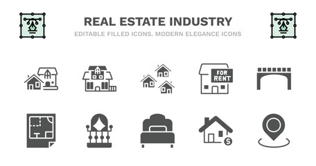 set of real estate industry filled icons. real estate industry glyph icons such as villa, neighborhood, for rent, bridges, plans, plans, balcony, bedroom, or, map location vector.