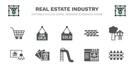 set of real estate industry filled icons. real estate industry glyph icons such as for sale, sold, wall, tree house, certification, certification, catalog, slides, real state, fence vector.