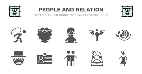 set of people and relation filled icons. people and relation glyph icons such as beard, hairy, grace, ecosystem, zorro, zorro, identification ard, brothers, mexican woman, costa rica vector.