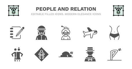 set of people and relation filled icons. people and relation glyph icons such as bedouin, old woman, aviation, hips, snuggle, snuggle, baby zone, sujud, colombian, ruku vector.