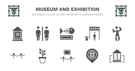 set of museum and exhibition filled icons. museum and exhibition glyph icons such as restroom, fishbone, metal detector, ballet, museum fencing, fencing, botanical, exhibit, map, buffalo vector.