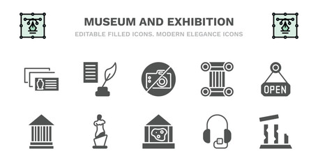 set of museum and exhibition filled icons. museum and exhibition glyph icons such as poetry, no photo, antique column, open, modern art, modern art, venus de milo, geological, audio guide, relics