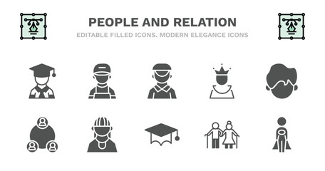 set of people and relation filled icons. people and relation glyph icons such as technician, dutch, empress, facial hair, serve, serve, amazonian, students graduation hat, old couple, cape vector.