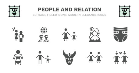 set of people and relation filled icons. people and relation glyph icons such as business partnership, mother and daughter, venezuelan, baby diaper, seductive, seductive, father children, devil