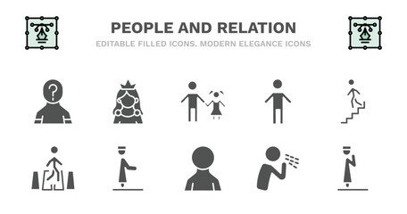 set of people and relation filled icons. people and relation glyph icons such as princes, father and daughter, small boy, downstairs, road crossing, road crossing, qiyam, male user, cough, takbir