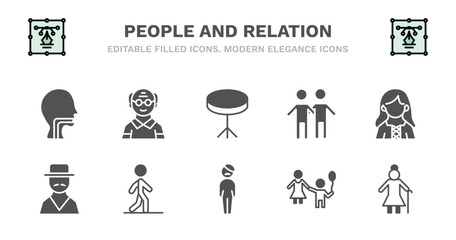 set of people and relation filled icons. people and relation glyph icons such as old man, round table, friends, norwegian, spanish man, spanish man, bast, bohemian, babysitter and child, elder