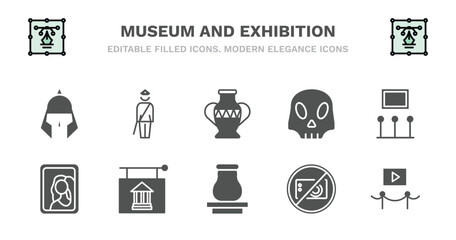 set of museum and exhibition filled icons. museum and exhibition glyph icons such as security guard, porcelain, anthropology, exhibition, gioconda, gioconda, , souvenir, no photo, electronics