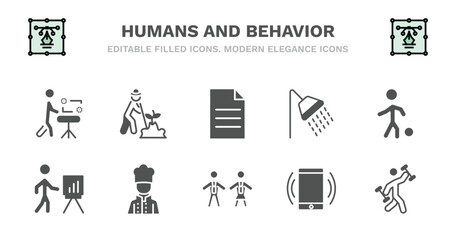 Fototapeta premium set of humans and behavior filled icons. humans and behavior glyph icons such as gardener with hat, single file, showering, playing with a ball, business presentation, business presentation, kitchen